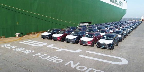 중국 전기차 생산기업 1위인 비야디(BYD)가 노르웨이에 수출할 차량을 선적하고 있다. 중국 정부는 지난해 12월부터 고순도 천연흑연 수출을 통재하고 있다. 사진 바이두