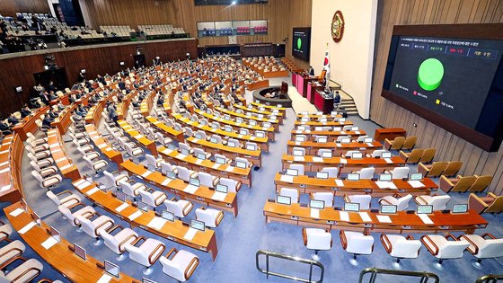 1월 9일 국회 본회의장에서 국민의힘 의원들이 불참한 가운데 야당 의원들끼리 이태원참사특별법을 통과시키고 있다. 강정현 기자