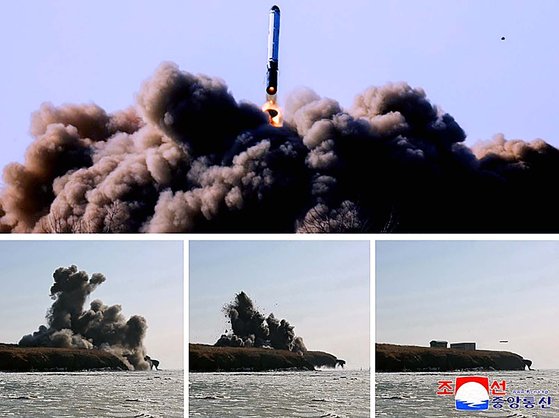  북한이 지난 2일 초대형 전투부 위력시험을 실시했다고 밝히며 순항미사일 발사 장면을 공개했다. 조선중앙통신