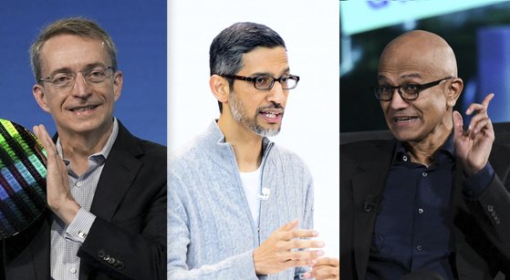 왼쪽부터 팻 겔싱어 인텔 CEO, 순다르 피차이 구글 CEO, 사티야 나델라 마이크로소프트 CEO. 로이터=연합뉴스