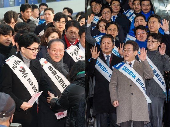 국민의힘 한동훈 비상대책위원장과 윤재옥 원내대표 등 국민의힘 지도부가 8일 오전 서울역에서 고향으로 떠나는 시민들과 인사를 나누고 있다.(왼쪽) 더불어민주당 이재명 대표 등 민주당 지도부가 8일 서울 용산구 용산역에서 설 귀성인사를 하고 있다. 연합뉴스