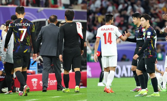 지난 6일(현지시간) 카타르 알라이얀 아흐마드 빈 알리 스타디움 열린 2023 아시아축구연맹(AFC) 아시안컵 4강전 한국과 요르단 경기가 끝난 뒤 손흥민과 이강인이 경기장을 나서고 있다. 연합뉴스·뉴스1