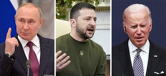 미국 정부가 블라디미르 푸틴 러시아 대통령이 내놓은 우크라이나 전쟁 휴전 제안을 거부했다는 외신 보도가 나왔다. 왼쪽부터 푸틴, 볼로디미르 젤렌스키 우크라이나 대통령, 조 바이든 미국 대통령. 중앙포토