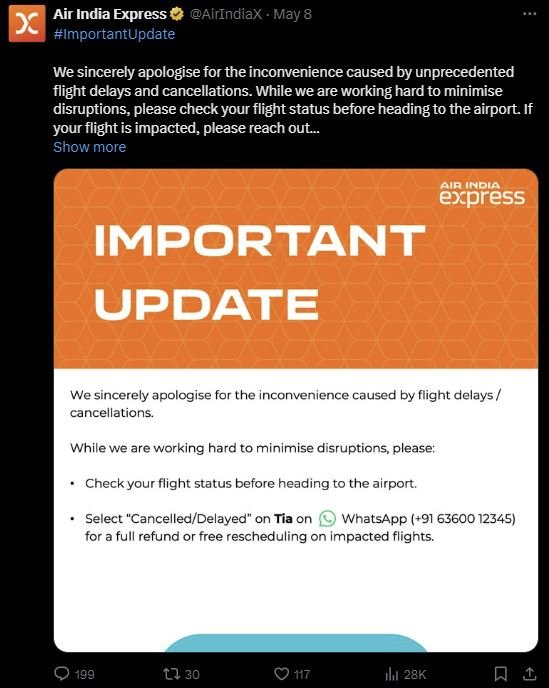 인도의 저비용 항공사인 '에어 인디아 익스프레스'가 승무원들의 갑작스러운 집단 병가로 이틀째 항공편 운항 차질을 빚고 있는 것에 대해 발표한 사과문. 사진 엑스(X) 캡처