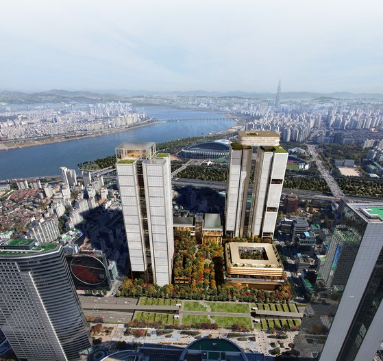 현대자동차그룹이 서울 강남구 삼성동 부지에 짓는 글로벌 비즈니스 콤플렉스(GBC) 조감도를 20일 공개했다. 조감도에는 55층 타워동 2개를 짓는 설계안이 담겼다. 현대차그룹은 “서울시의 조속한 인허가를 기대한다”는 입장도 내놨다. 사진 현대차