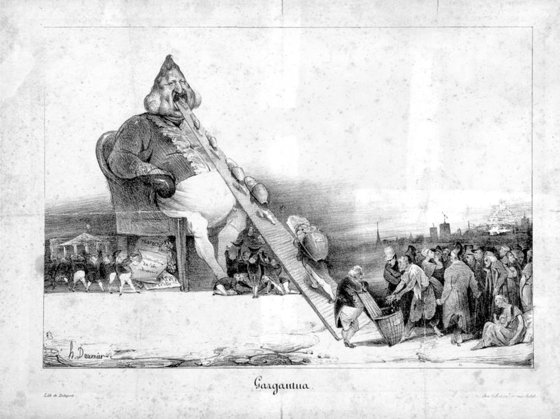 루이-필립 왕의 탐욕을 풍자한 오노레 도미에(1808-1879)의 석판화(1831). 16세기 중엽의 프랑수아 라블레 작품에 나온 가르강튀아에 비유했다. 16세기에 제기된 문제의식이 19세기까지 이어진 모습을 보여준다.