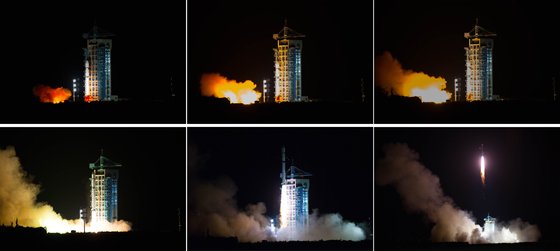 2016년 8월 16일 중국이 지우취안 위성 발사 센터에서 세계 최초의 양자 위성을 Long March-2D 로켓에 탑재해 발사하는 모습. 신화=연합뉴스