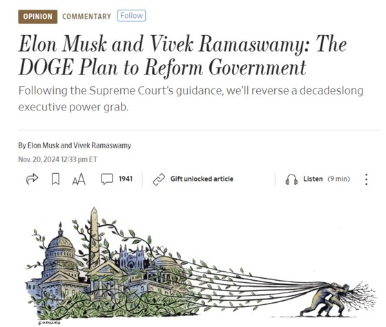 머스크는 기업인 비벡 라마스와미와 20일(현지시간) 월스트리트저널(WSJ) 기고문에서 DOGE가 추진할 연방정부 구조조정안을 소개했다. 월스트리트저널 캡처 