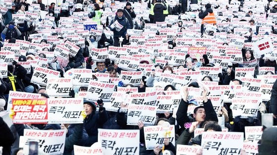 윤석열 대통령에 대한 탄핵소추안이 가결된 지 이틀째인 지난 15일 서울 중구 서울시청 인근에서 촛불행동 회원들이 집회를 갖고 헌법재판소의 조속한 탄핵 심판을 촉구하고 있다. 뉴스1