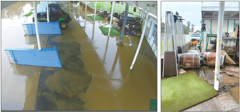 보니타에 소재한 JR 골프 연습장(대표 심원섭)이 22일 내린 폭우로 상당한 피해를 봤다. 폭우로 물이 불어 타석의 매트들이 떠 내려 갔고(왼쪽 사진) 창고로 쓰던 건물은 크게 훼손 됐다. [JR 골프 연습장 제공]