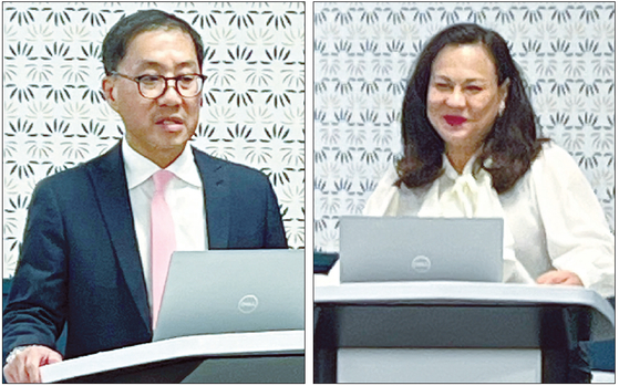 OCPA 기자 회견에서 프레드 정(왼쪽) 이사회 의장과 태미 김 이사가 발언하고 있다. [OCPA 제공]