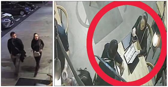 가방 날치기 용의자 남녀가 식당 밖에서 범행 대상을 물색한 뒤(왼쪽 사진). 식당에 손님인 척 들어와 한인 여성의 가방을 훔치려고 시도하는 모습(빨간색 원). [김밥천국 제공]