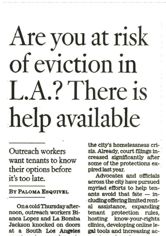 원문은 LA타임스 2월12일자 California 섹션 1면 'Are you at risk of eviction in L.A.? There is help available'제목의 기사입니다.