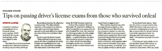 원문은 LA타임스 2월15일자 캘리포니아 섹션 1면 'Tips on passing driver's license exams from those who survived ordeal' 제목의 기사입니다.