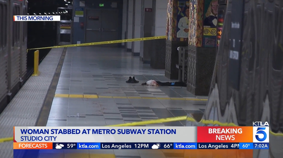 스튜디오시티의 메트로 전철역에서 한 승객이 목에 칼이 찔렸다. [KTLA 캡처]