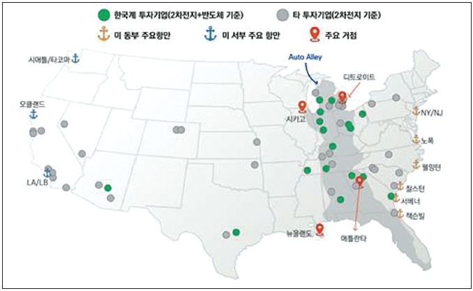 한국 대기업의 미국 투자 입지 현황. [대한상의 제공]