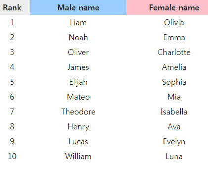 2023 인기 많은 아기 이름  [SSA 웹사이트 캡처]