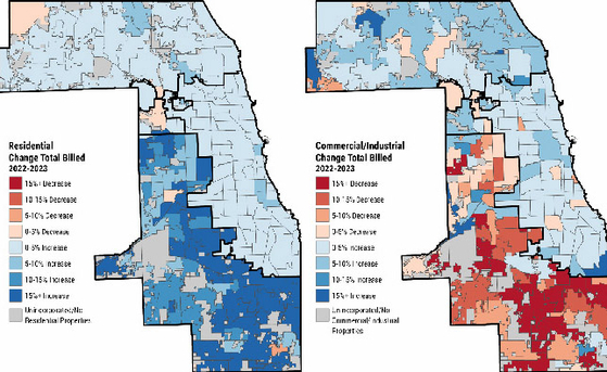 재산세 인상률. 왼쪽은 주거용, 오른쪽은 상업용으로 붉은색이 짙을수록 세율 인상이 크다는 의미다. [쿡카운티재무관실]