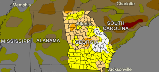 해양대기청(NOAA)의 조지아주 가뭄 지도. 노란색이 ‘비정상적으로 건조한’(D0) 상태를 뜻하며 색이 짙어질수록 ‘보통 가뭄’(D1), ‘심각한 가뭄’(D2) 상태다.