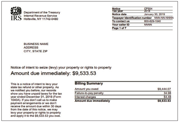 IRS의 미납세로 재산 압류가 가능하다는 통지서 샘플.