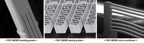 Shown above are new products of Point Engineering. From the left are PEC MEMS buckling probe, PEC MEMS spring probe, and PEC MEMS micro-cantilever. Photo courtesy of Point Engineering