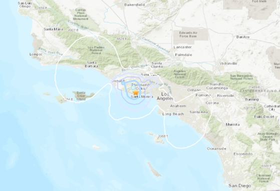 13일 LA 지역에 발생한 규모 3.4 지진의 영향을 받은 지역 [USGS)