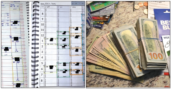 한인이 운영한 불법 매춘업소 아파트에서 압수된 고객 장부(왼쪽)와 다량의 현금. [미국 국토안보부 제공]
