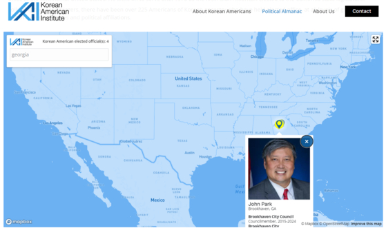 KAI 홈페이지에 있는 한인 정치인 연감. 조지아 지도 위에 존 박 브룩헤이븐 시장의 사진이 떴다.