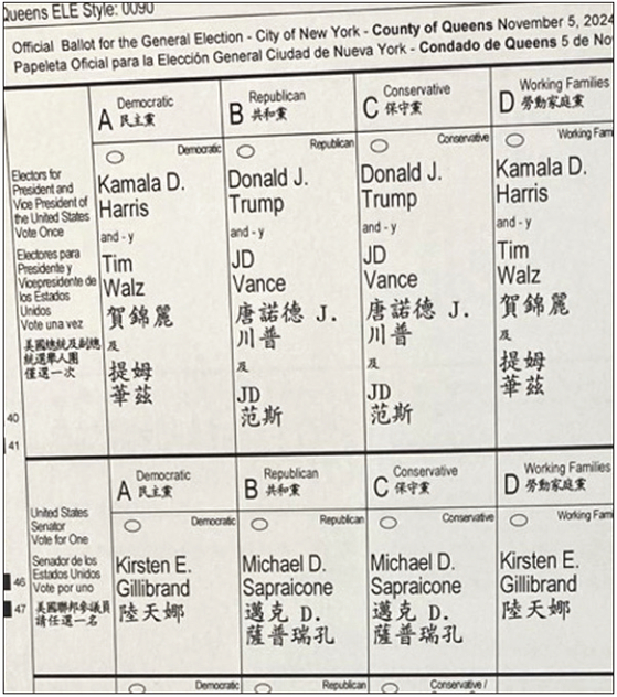 뉴욕주 퀸즈 한 선거구의 투표용지. 대통령 후보, 연방 상.하원의원 후보, 주 상·하원의원 후보명이 순서대로 기재돼 있다.