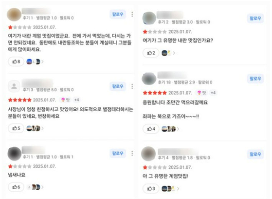 배우 최준용씨가 운영하는 식당에 달린 리뷰들. 윤 대통령 탄핵에 찬성하는 이들은 '내란 맛집'이라는 표현과 함께 낮은 점수를 줬다. 반면 윤 대통령 지지자들은 '응원한다'는 글과 함께 높은 점수를 매겼다. 사진 카카오맵 캡처