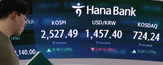 16일 서울 중구 하나은행 본점 딜링룸에 종가가 표시되고 있다. 뉴스1