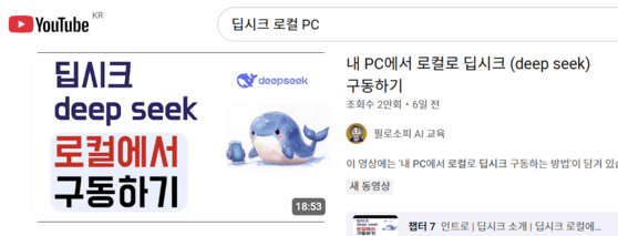 유튜브에서 '딥시크 로컬'을 검색하면 딥시크를 로컬PC에 설치해 이용하는 방법에 대한 영상들이 뜬다. 해당 영상들은 7000~2만에 이르는 조회수를 기록하며 인기를 얻고 있다. 유튜브 캡처