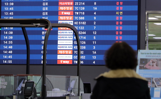 7일 오후 제주국제공항 운항 현황판에 대부분의 항공편이 결항되고 있다. 이날 제주는 강풍과 많은 눈으로 항공편 운항에 차질을 빚고 있다. 뉴스1