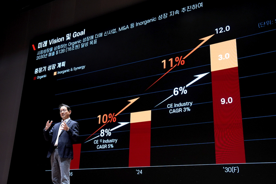 두산밥캣은 북미 생산 비중이 67%에 달해 미국 관세 영향이 크지 않다고 밝혔다. 사진은 스캇 박 두산밥캣 부회장이 지난 10일 서울 여의도 한국거래소에서 열린 기관투자자 설명회에서 성장 전략을 발표하는 모습. 사진 두산밥캣