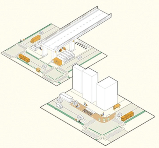 뉴욕시 교통국(DOT)이 배달 트럭이 야기하는 교통 혼잡을 줄이기 위해 배달 트럭 전용 공간인 ‘마이크로허브’설립을 승인했다. 사진은 DOT가 공계한 마이크로허브 예시 그림.  [사진 DOT]