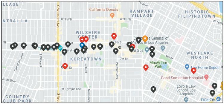 한인 최대 부동산 개발업체 제이미슨 서비스가 LA 한인타운에서도 윌셔에 이어 8가 개발에 적극적으로 나서고 있다. 제이미슨이 2017년 기준으로 한인타운에 소유하고 있는 부동산 현황이다. 검은색은 오피스 건물, 붉은색은 상가, 푸른색은 기타를 의미한다. [제이미슨 웹사이트]