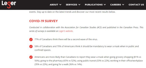 캐나다의 설문조사전문기업 리거 마케팅사의 코로나19 관련 조사결과 내용(홈페이지 캡쳐)