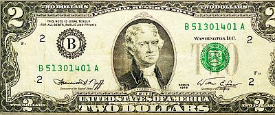 2달러짜리 지폐. 3대 대통령 토머스 제퍼슨이 모델이다. 