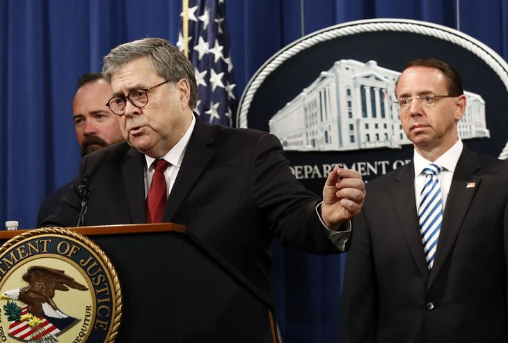 윌리엄 바 법무장관은 특검 보고서 공개 기자회견에서 트럼프 캠프와 러시아측의 공모 확증이 발견되지 않았다고 발표했다. AP Photo/Patrick Semansky