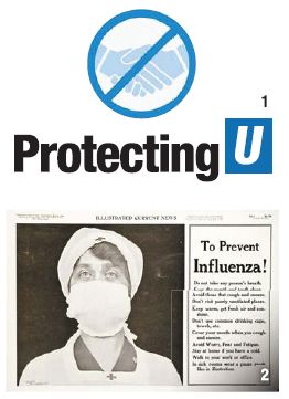 (1)병원을 '악수 안 하는 공간'으로 만들자는 홍보 로고. (2)1918년 미국 공중보건국이 스페인 독감 확산을 막기 위해 제작한 신문광고.
