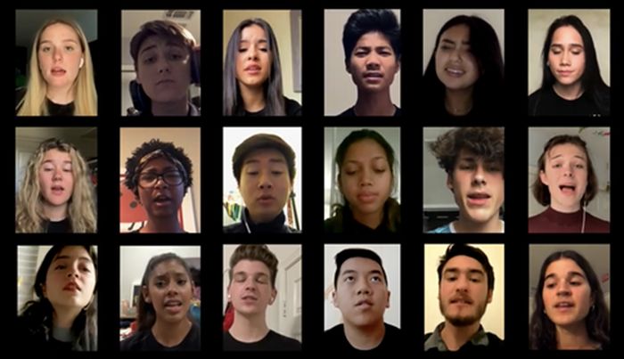 Valencia High School’s Two n’ Four Vocal Jazz Ensemble virtually sings “Refugee” together.
[Source: Zoom Session photographed by Jasmine Jhun]