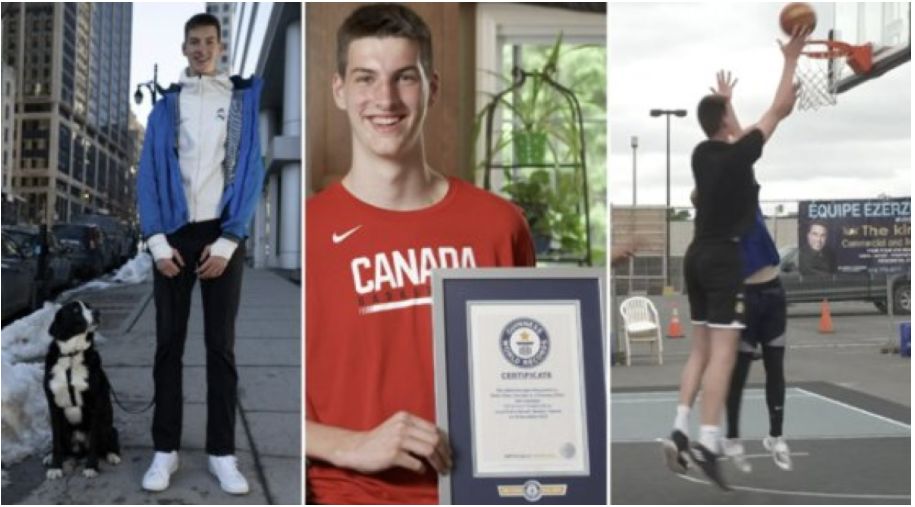 키 227cm로 기네스북에 '10대 최장신'으로 등재된 캐나다의 15살 소년 올리비에 리우. [사진 기네스북 홈페이지 캡처]