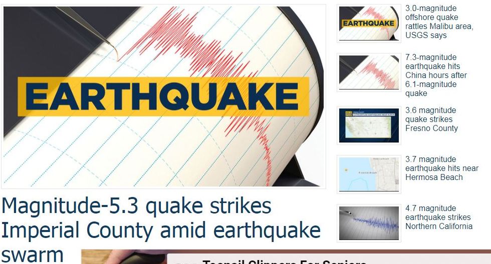 5일 솔턴 시 인근에서 발생한 지진 소식을 알리는 ABC7 뉴스 화면. [ABC7 화면 캡처]