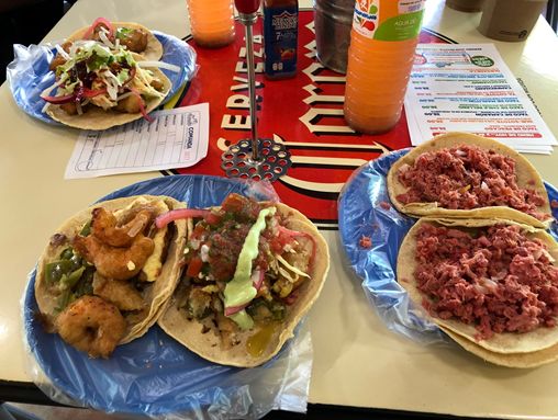 Shrimp, fish, and tuna tacos at famous taco restaurant El Pescadito in Mexico City.[Source: Author, Jonathan Kim]