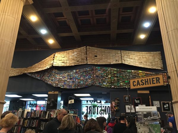 One of the many displays in the bookstore made out of books 