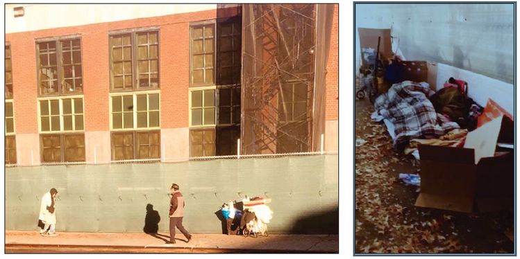 플러싱 PS20 초등학교 건물을 둘러싼 공사시설 안팎으로 노숙자들이 포진해있는 모습(왼쪽).공사 중인 PS20 초등학교 내부 시설을 한 노숙자가 거주 장소로 사용하고 있다(오른쪽). [사진 PS20 초등학교 학부모회]