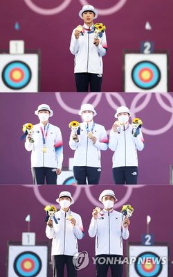 안산이 혼성 단체전, 여자 단체전에 이어 개인전까지 우승(아래서부터 위로), 대회 첫 3관왕이자 한국 선수 최초로 여름올림픽 3관왕에 올랐다. [연합뉴스]  