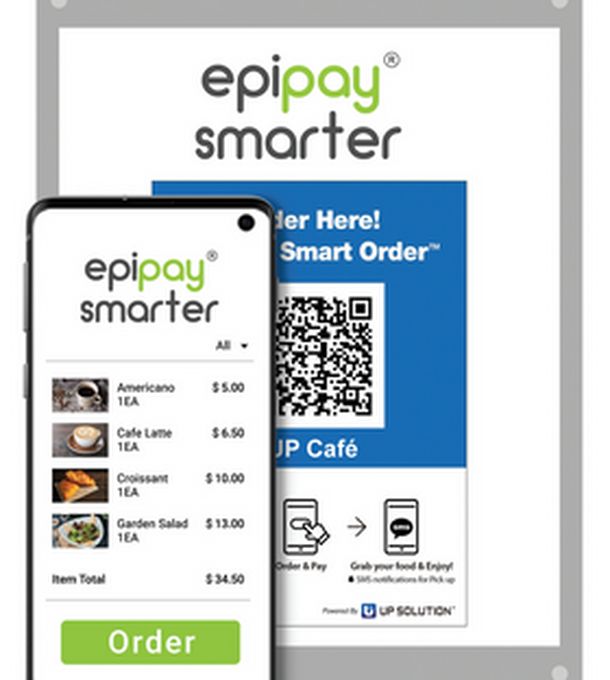 업솔루션이 개발.보급하고 있는 epipay(R) smarter 온라인 주문.결제 시스템. 작은 사진은 한인들이 많이 사용하는 카카오톡 메신저로 주문 현황이 고객에게 전송된 모습.  [사진 업솔루션]