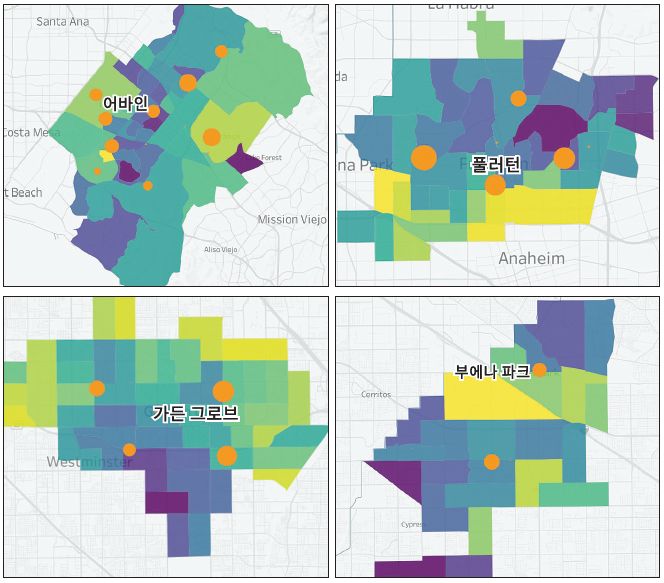 OC 형평성 지도에서 검색한 한인 밀집 거주 도시들(좌측 상단부터 시계 방향으로 어바인, 풀러턴, 부에나파크, 가든그로브)의 코로나 확진자 분포. 이 지도에선 노란색에서 보라색까지 색깔이 짙어질수록 아시안 주민 비율이 높은 지역이다. 오렌지색 동그라미는 그 크기가 클수록 해당 지역 확진자 수가 많음을 뜻한다. [advanceoc.com]