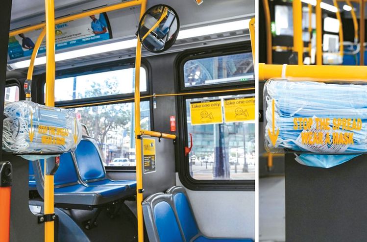 청결하고 안전한 대중교통시설을 만들기 위해 LA 메트로 당국이 캠페인을 진행한다. 캠페인의 일환으로 버스에 비치된 무료 마스크. [NBC뉴스 캡처] 